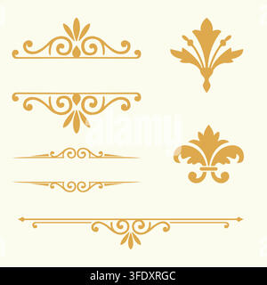Vintage Gold Ornamental Dividers, Fleur-de-Lis, and Scroll Flourish Decorative Elements Vector Set Stock Vector