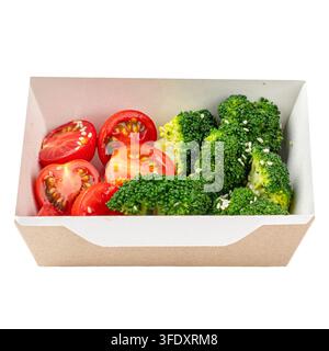 Steamed broccoli with cherry tomatoes in paper box Stock Photo