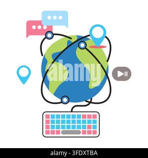 Modern illustration showing global communication, travel routes, location tracking, messaging, media, and digital connectivity across the world. Stock Vector