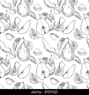 Seamless pattern with pears, leaves and fruit slices. Everything is hand-drawn in ink. Vector background illustration for fabric design, wallpaper Stock Vector