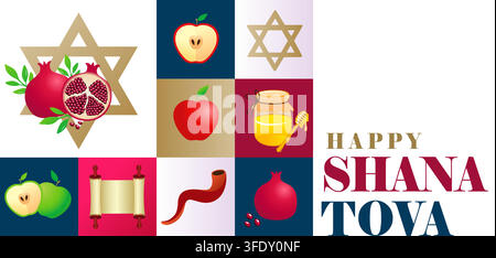 Happy Shana Tova Jewish Holiday greeting card with apple pomegranate and honey. A good and sweet year, Rosh Hashanah 5787 banner design with pattern Stock Vector