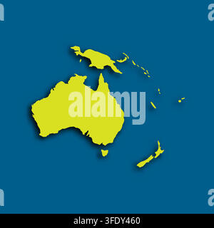 This is a map silhouette of Australia and surrounding islands in Oceania. The focus is on the outlines of land masses in a green color against a dark blue background. Stock Vector