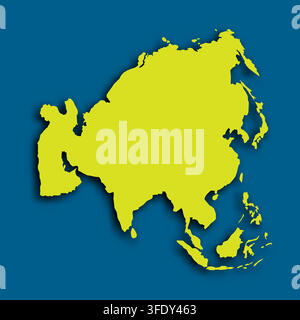 Map shows the outline of Asia in green on a dark blue surface. The shape reveals the distinct landforms and coastlines of the continent. This is a vector representation. Stock Vector