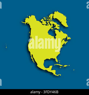 The art displays the silhouette of North America. The bright green color contrasts with the dark blue background. The map highlights the shape of the continent clearly. Stock Vector