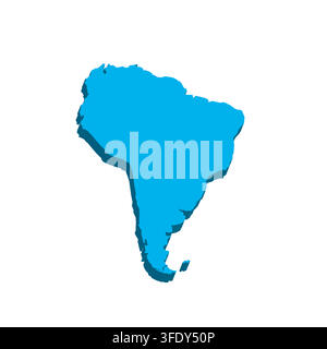A 3D representation of South America in blue, highlighting the continent shape with a subtle shadow effect. The design emphasizes geographical contours in a minimalist style. Stock Vector