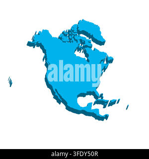 A three-dimensional blue silhouette of the North American continent is displayed against a white background, showcasing its geographical features without political boundaries. Stock Vector