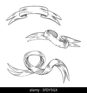 A set of vector illustrations, hand-drawn satin ribbons in ink. Tapes with an empty space for text. Decorative elements for labels, logos, invitations Stock Vector