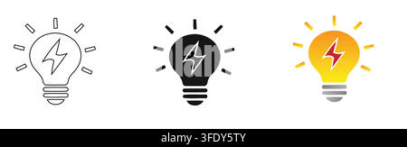 Light Bulb Icon Set Featuring Lightning Bolt Symbols Representing Ideas Innovation Creativity Energy Technology and Business Concepts in Modern Graphi Stock Vector