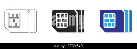 Three Digital Technology SIM Card Icon Variations in Outline Solid Black and Vibrant Styles Representing Mobile Communication Telecom Network and Tech Stock Vector
