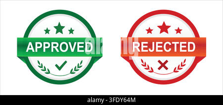 Green Approved and Red Rejected Circular Business Decision Stamps with Ribbons Checkmarks Crosses and Leaf Elements Isolated on White Background Stock Vector