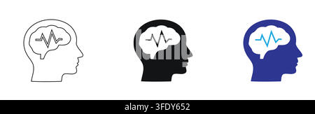 Brain Activity Icon Set with Outline and Solid Silhouette Head Designs Featuring Waveform Symbols and Blue Color Variations for Health and Technology Stock Vector