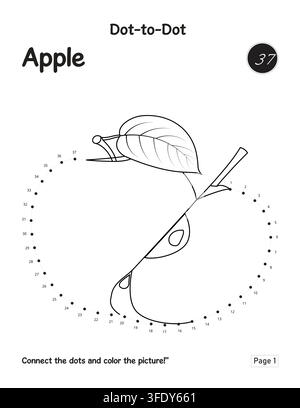 Kids apple dot to dot activity worksheet coloring puzzle book page Stock Vector