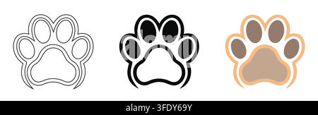 Three Paw Print Icon Variations in Outline Solid Black and Brown Tan Styles for Pet Care Animal Veterinary Dog and Cat Related Vector Designs Stock Vector
