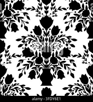 Vector seamless pattern with black silhouettes of flower bouquets in vases on a white background. Rococo texture with flowers and foliage for wallpape Stock Vector