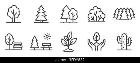 Forest line icon set. Tree, pine, woodland, bush, park bench, picnic table, seedling, conservation, cactus linear minimal vector illustration. Simple Stock Vector