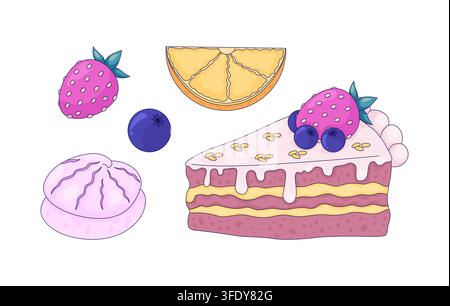 Fruits and berry dessert 2D cartoon clip art set Stock Vector