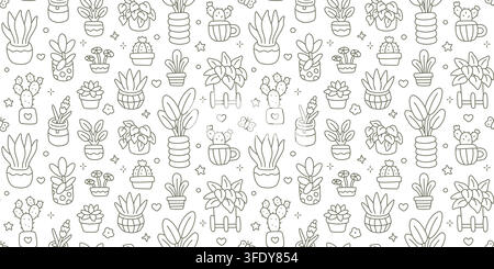 Houseplant seamless pattern. Potted plants, cactus, succulent, aloe vera, lavender and tropical foliage linear doodle vector illustration. Cute Stock Vector