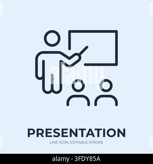 Presentation line icon. Public speaking linear vector illustration. Thin sign of presenter pointing toward board before audience for training Stock Vector