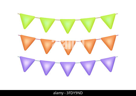 Realistic 3d pastel pennant garland collection with green orange and purple bunting flags isolated for party celebration holiday decoration and event Stock Vector