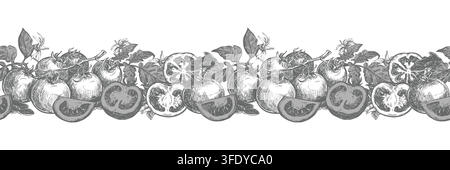 A horizontal border of whole pomidoro, halves, and slices lying on a table. Vector ink drawing imitating engraving. Farm tomatoes in retro style. Seamless pattern for juice and ketchup packaging. Stock Vector