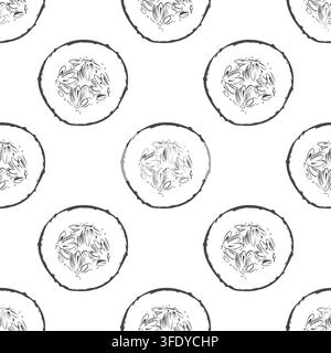 Seamless pattern with a round cucumber slice. Vector cucumber background. Hand-drawn ink drawing using the engraving technique. Line sketch of the vegetable. Stock Vector