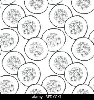 Seamless pattern with a round cucumber slice. Vector cucumber background. Hand-drawn ink drawing using the engraving technique. Line sketch of the vegetable. Stock Vector