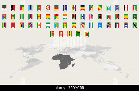 African Flags in Vertical Format with Africa Highlighted on a Gray World Map. Vector Collection. Stock Vector