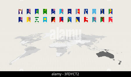 Oceanian Flags in Vertical Format with Oceania Highlighted on a Gray World Map. Vector Collection. Stock Vector
