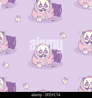 Seamless Pattern Cute Kawaii Panda Having Panic Attack Wrapped In Blanket With Paper Bag. Scared Bear Character With Anxiety And Pill on Purple Backgr Stock Vector