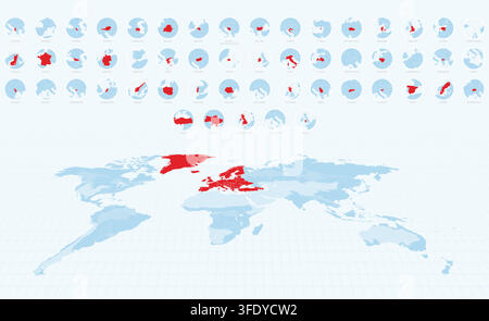 Blue European Maps with Countries Highlighted in Red. Circular Maps Set. Vector illustration. Stock Vector