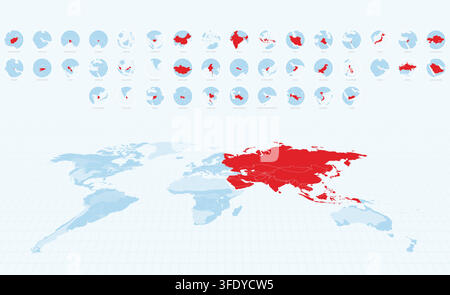 Blue Asian Maps with Countries Highlighted in Red. Circular Maps Set. Vector illustration. Stock Vector