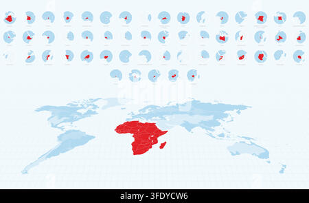 Blue African Maps with Countries Highlighted in Red. Circular Maps Set. Vector illustration. Stock Vector