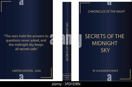 Dark blue and gold modern book cover template design with elegant minimalist layout for fantasy or mystery novel Stock Vector