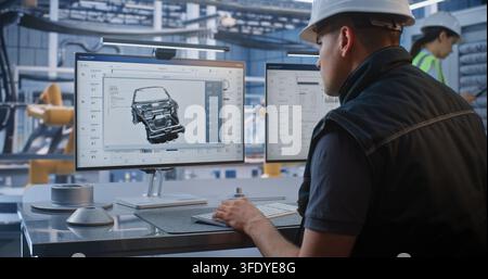 Technician Controls Robotic Arm Factory Operations Using CAD Software and Analytics on Monitor. Industry 4.0 Technology Drives Efficiency in Modern Automated Vehicle Assembly. AI Manufacturing. Stock Photo