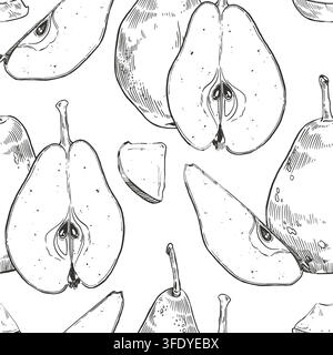 Seamless pattern of pears, pear halves, and fruit slices. All objects are hand-drawn in ink. Botanical drawing for fabrics, wallpaper, packaging and Stock Vector