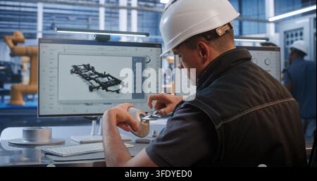 In Modern Smart Factory, Professional Male Engineer Uses Vernier Caliper to Measure Metal Prototype Near 3D CAD Chassis on Screen. Quality Control and Precision Engineering Optimize Industry 4.0. Stock Photo