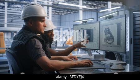 Caucasian Engineer and African American Colleague Discuss 3D Car Chassis Model on Dual Monitors in Smart Plant. Diverse Collaboration Accelerates Industry 4.0 Production. Concept of Professional Team. Stock Photo