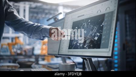 Specialist Pointing Pen at 3D Artificial Intelligence Chip Graphic on Computer Display. Neural Processing Hardware Accelerates Smart Tech Innovation. Concept of AI and Machine Learning Innovation. Stock Photo