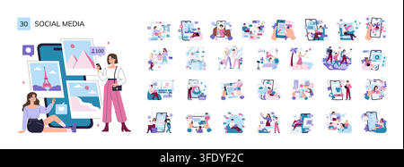 Social media vector illustration set with people posting photos videos and messages on smartphones creating content chatting streaming shopping and growing online interaction Stock Vector