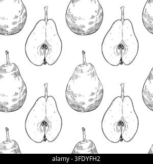 Seamless pattern with pears and halves of pears with seeds. Everything is hand-drawn in ink. Vintage-style vector fruit illustration for fabric design Stock Vector