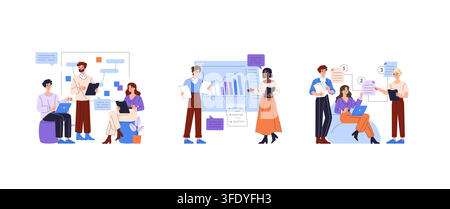 Team members engage in collaborative discussions, presenting data and analyzing charts in an office setting. The vector illustration shows diverse teamwork dynamics and information sharing. Stock Vector