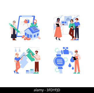 Colorful vector illustrations depicting real estate transactions, home painting by a couple, customer consultation in a tech store, and a plumber working. Characters engage in various activities, reflecting action and teamwork. Stock Vector