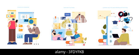 Vector illustration showing the integration of virtual and augmented reality in education. Features scenes of interactive learning, personalized education, and digital platforms in a classroom setting. Stock Vector