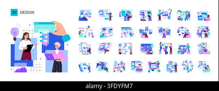 Design team working with laptop tablet and interface elements in a UI UX workflow collection, showing web editing prototyping branding and digital product development vector illustration Stock Vector