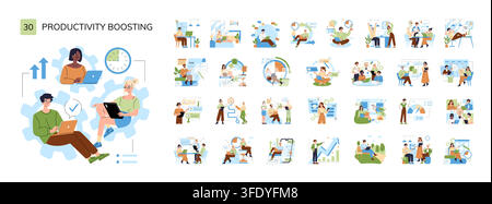 Productivity boosting vector illustration set showing people working with laptops, planning tasks, managing time, tracking progress, collaborating in meetings, and improving workflow efficiency Stock Vector