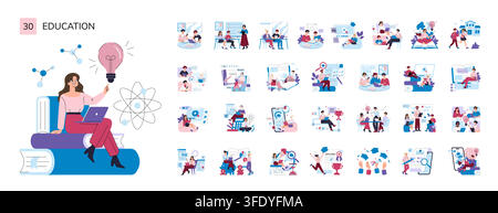 Education vector illustration set with student using laptop on books and icons of online classes tutoring reading exams graduation language study and school activities Stock Vector
