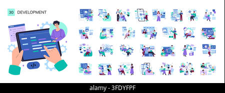 Software development vector illustration set with people coding on tablet and laptop screens, building app interfaces, testing features, analyzing data, and managing digital workflow Stock Vector