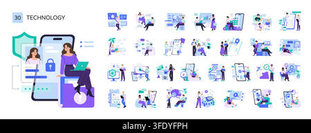 Mobile security vector illustration with woman using laptop beside smartphone login screen, shield and padlock icons, showing account protection, password access and data privacy Stock Vector