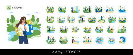 Nature activity vector illustration set with people hiking camping fishing rafting cycling swimming surfing and relaxing outdoors in parks forests rivers and beach scenes Stock Vector
