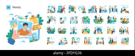 Travel vector illustration set with tourists planning trips, holding photos, checking passports, waiting at airport, riding transport, hiking, camping, and relaxing on beach vacations Stock Vector